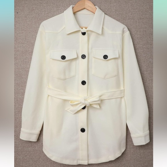 Cream Pocket Button Belted Wrap Button long sleeve Brush Utility fitted Shacket - Picture 8 of 10